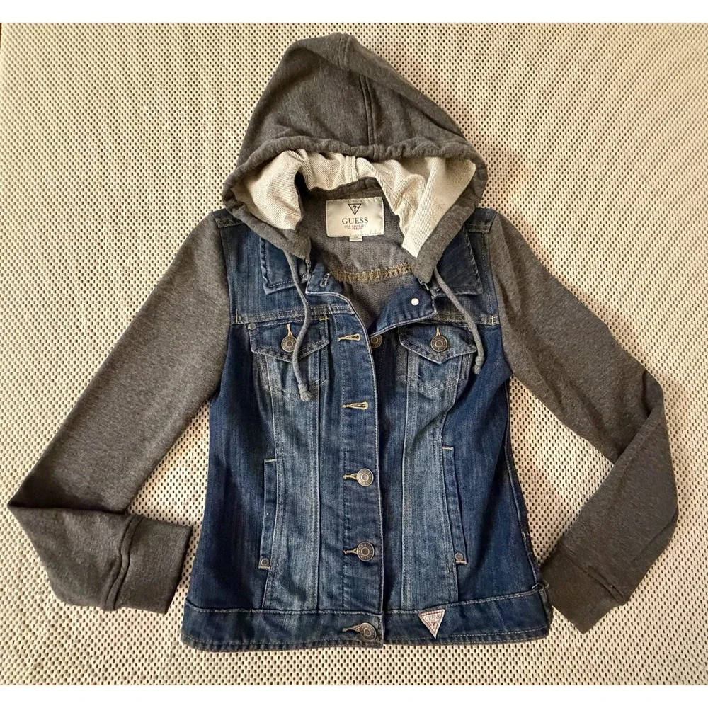 GUESS Jean Jacket Sz S/XS Denim Knit Sleeves Hood Hoodie Y2K Trucker Moto Y2K